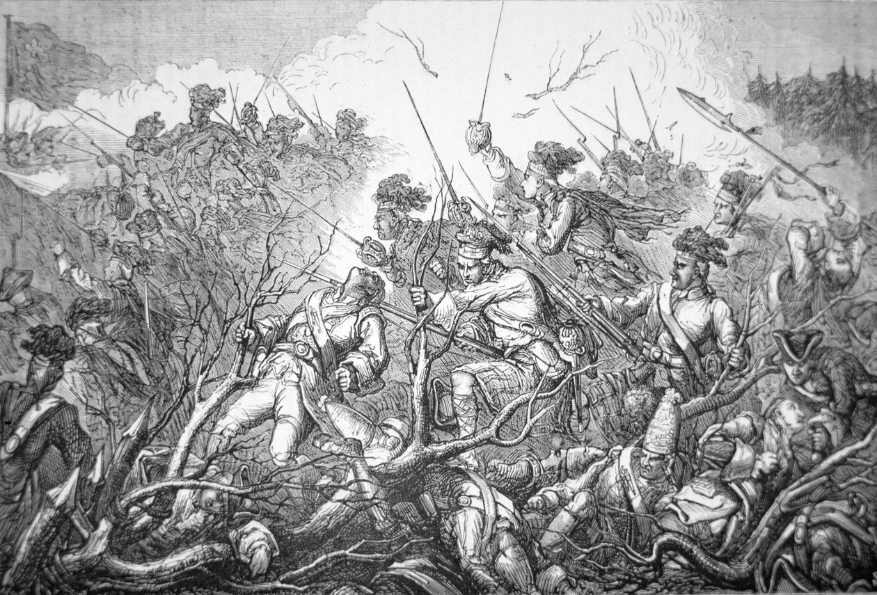 Brittisk attack på Fort Ticonderoga den 8 juli 1758 (gravyr) av English School