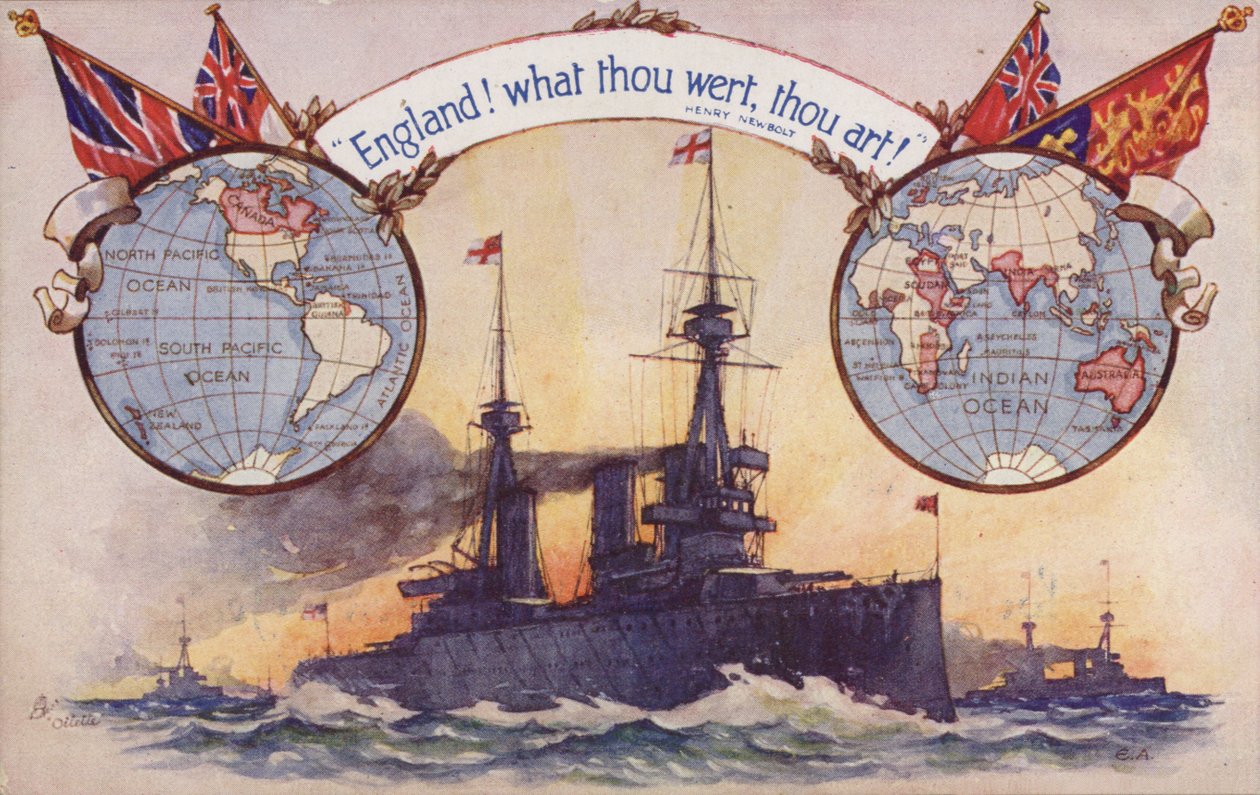 Brittiskt slagskepp med kartor och flaggor från det brittiska imperiet (färglitografi) av English School