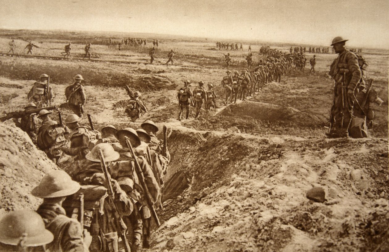 Brittiskt infanteri går framåt i framryckningen mot Cambrai, 1914-19 av English School