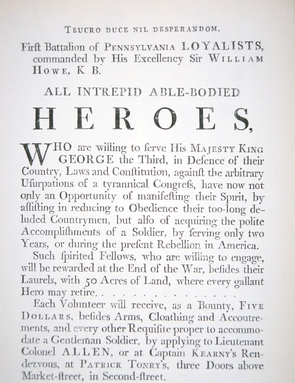 Brittisk rekryteringsaffisch för Pennsylvania Loyalists första bataljon under det amerikanska revolutionskriget (gravyr). av English School