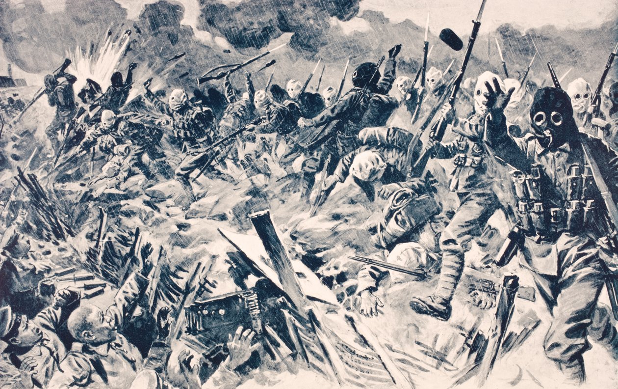 Brittiska trupper i gasmasker laddar tyska skyttegravar vid Loos, Frankrike, den 25 september 1915, från "The War Illustrated Album deLuxe", publicerad i London, 1916 av English School