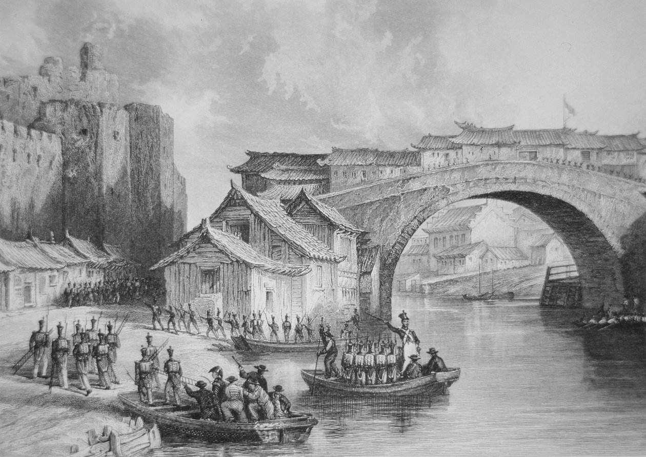 Brittiska trupper landar vid Ching Keangs västra port under opiumkrigen, illustration efter en ögonvittnesskiss av kapten Stoddard (litho) (s/v version av 225386) av English School