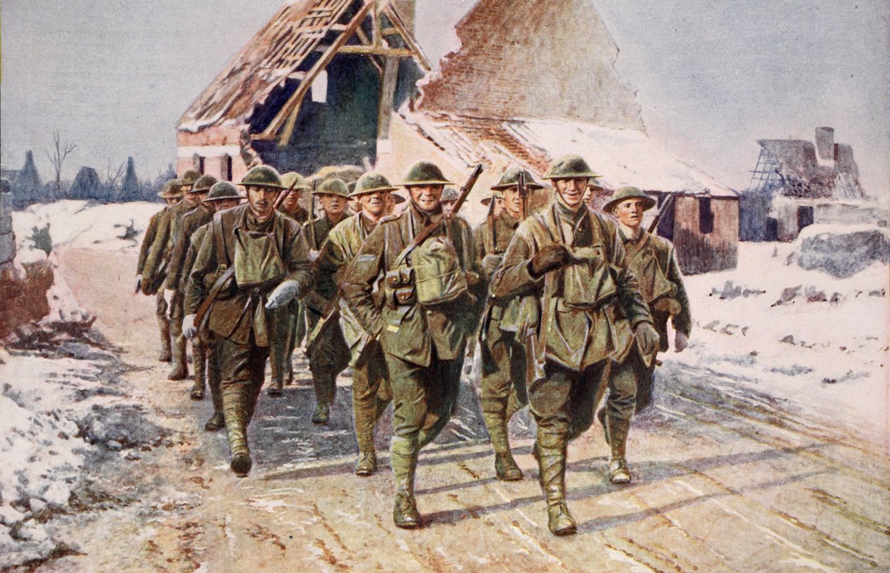 Brittiska trupper på marsch under vinterförhållanden, 1914-19 av English School