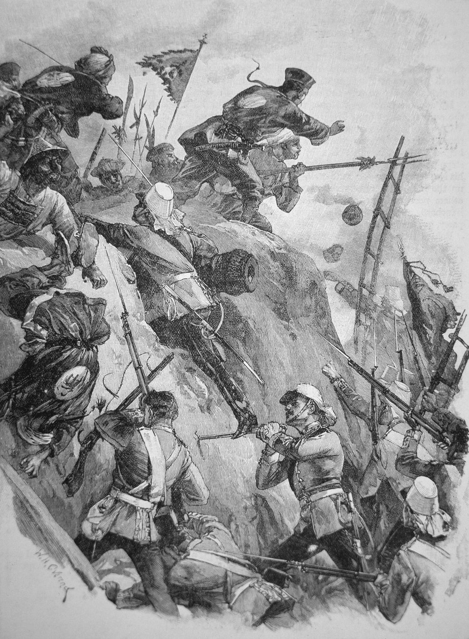 Brittiska trupper stormade Taku-forten i Kina 1860 under opiumkrigen (litho) av English School