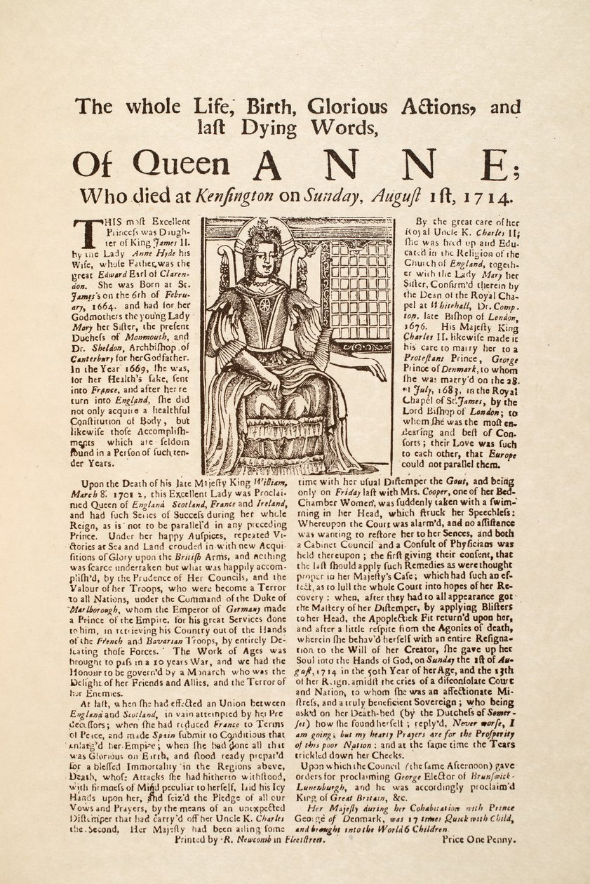 Broadside publicerad om drottning Annes död, söndagen den 1 augusti 1714 (tryck & träsnitt) av English School