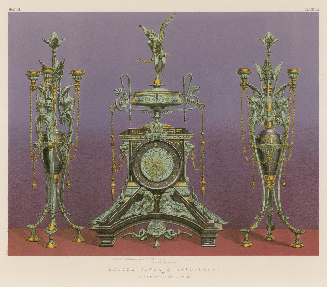 Klocka och kandelaber i brons av M Marchand, Paris (chromolitho) av English School