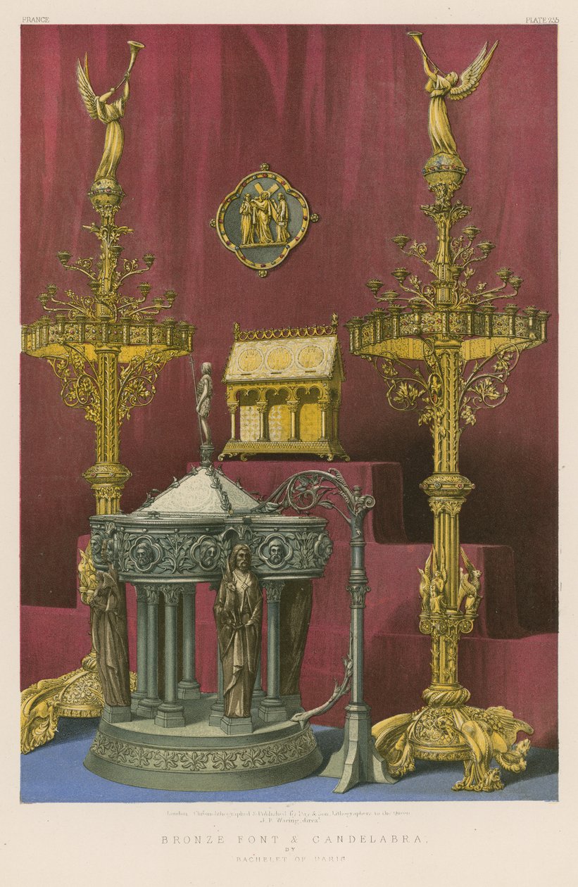 Font och kandelaber i brons av Bachelet från Paris (chromolitho) av English School