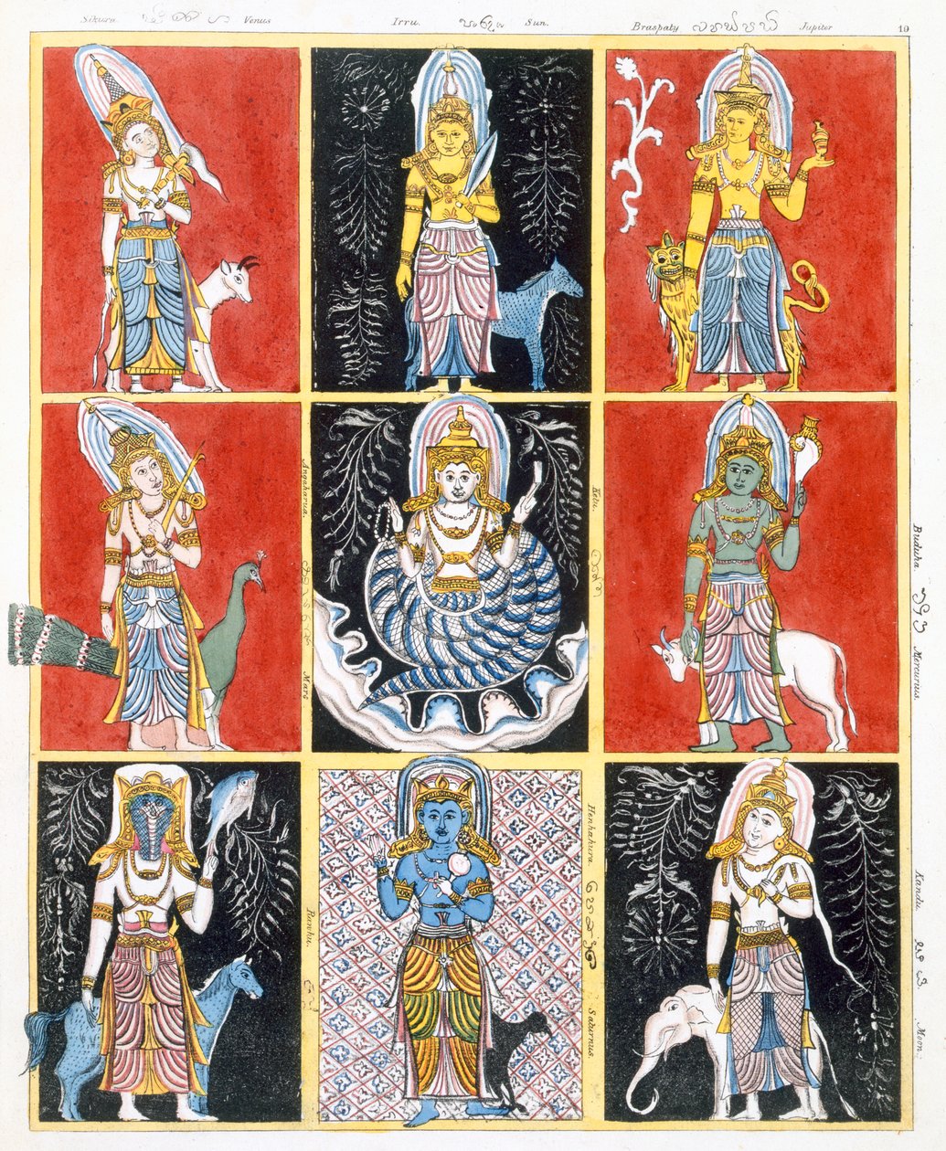 Buddhister som representerar stjärnorna, solen och månen, från The History and Doctrine of Buddhism av Edward Upham, 1829 av English School