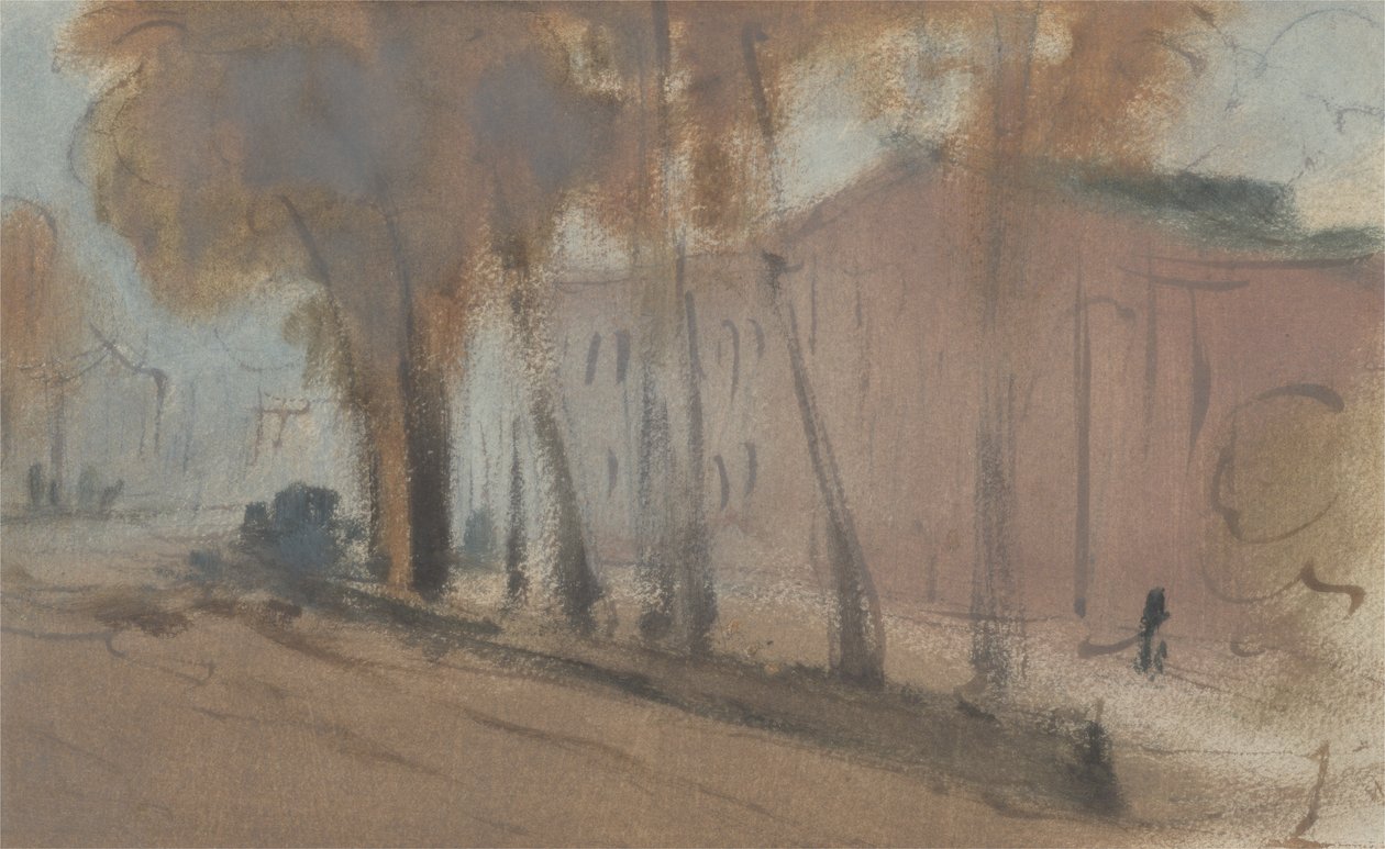 Building with Trees (Studie för Chelsea Embankment), som tidigare tillskrivits J.M.W. Turner (1775-1851) och även tillskriven Peter de Wint (1784-1849), 1825-27 (olja på papper) av English School