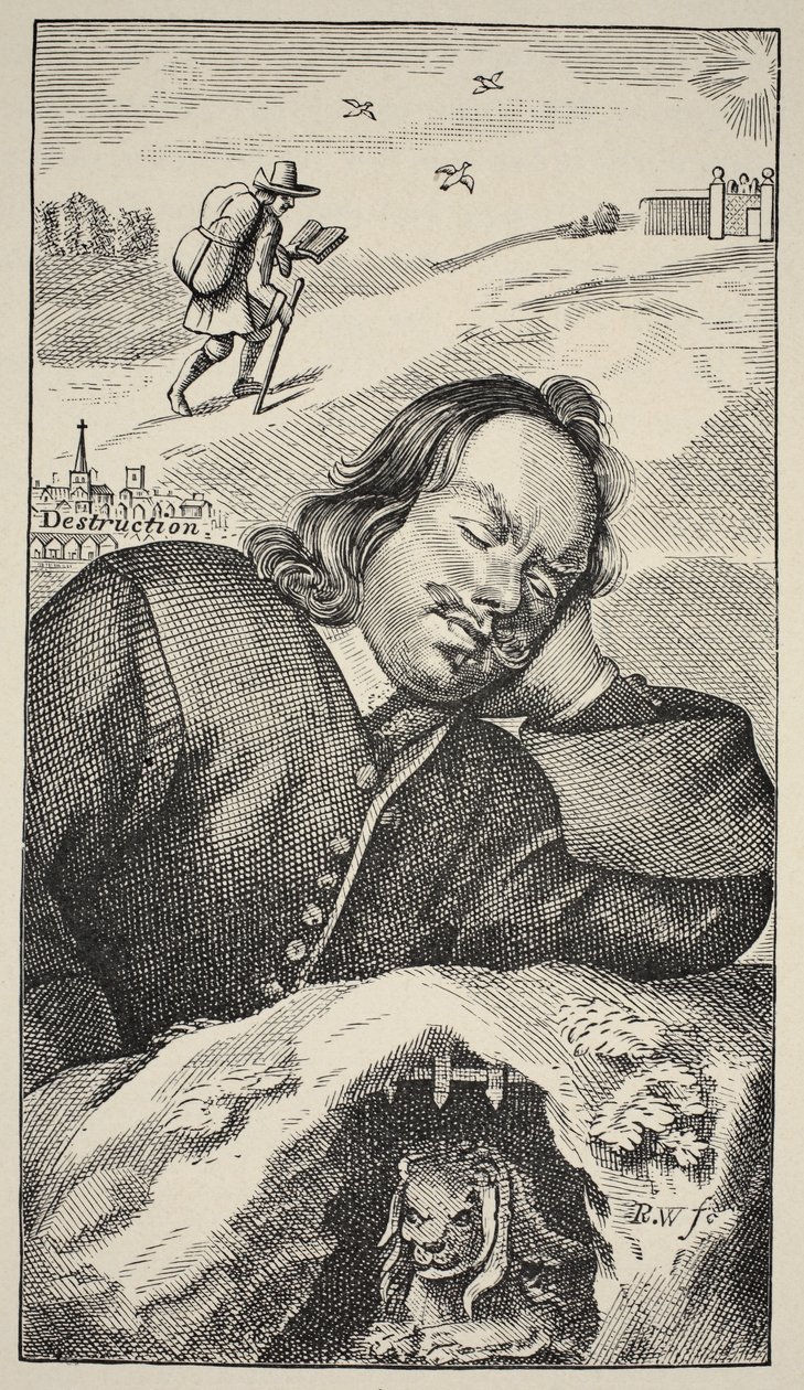 Bunyans Dream, frontispice av The Pilgrims Progress av John Bunyan (1628-88), 4:e upplagan, pub. 1680 (sepiafoto) av English School