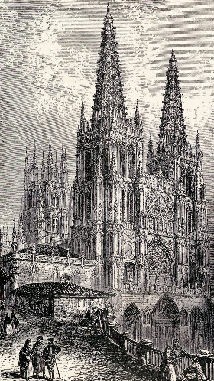 Katedralen i Burgos, Burgos, Spanien, från "Spanien: A Summary of Spanish History from the Moorish Conquest to the Fall of Granada, 711-1492", av Henry Edward Watts, publicerad 1893. av English School