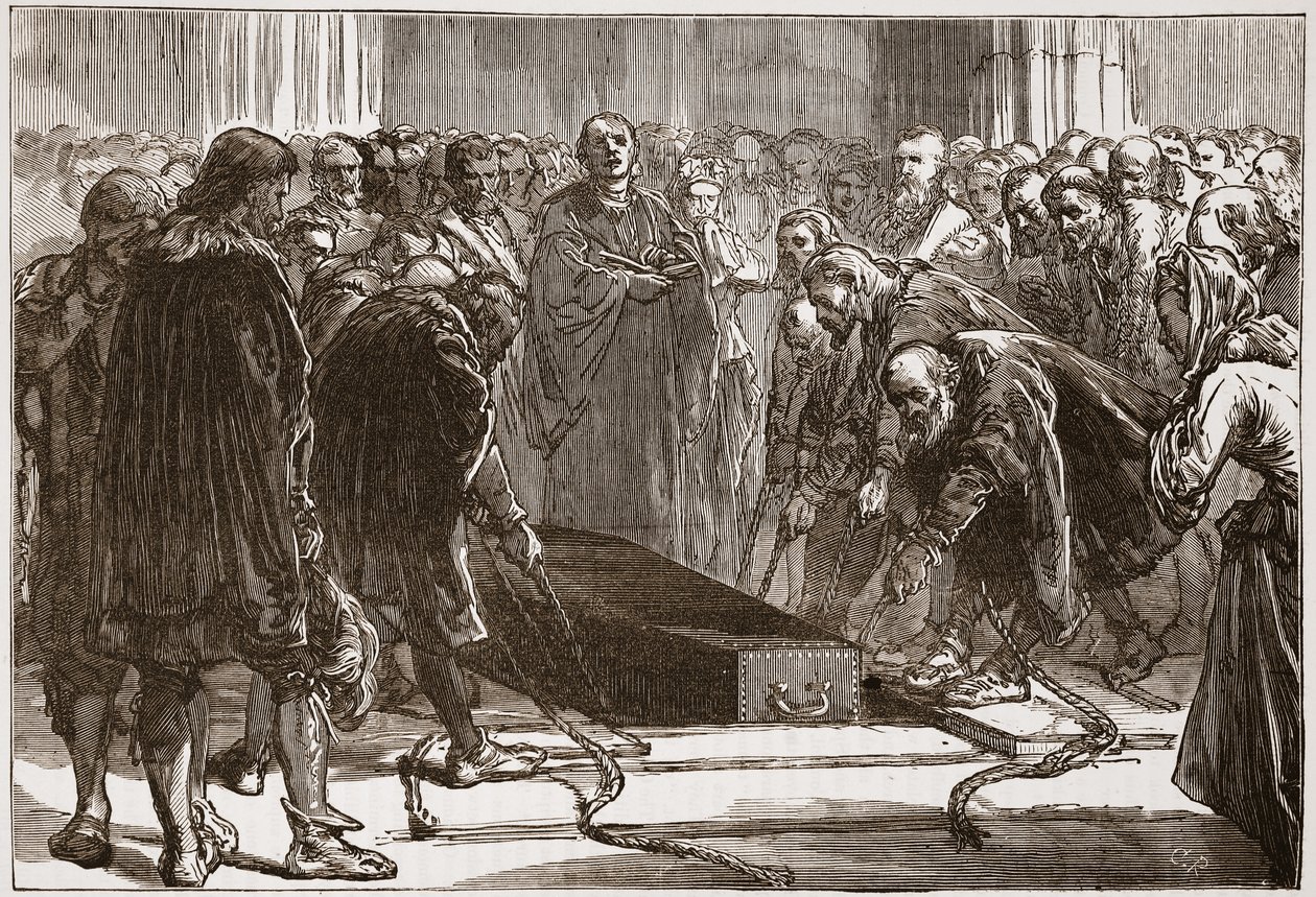 Begravning av Luther i Schloss-Kirk, Wittemberg, illustration från The History of Protestantism av James Aitken Wylie (1808-1890), pub. 1878 av English School