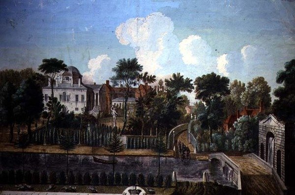 Burlington House, Chiswick, designat av William Kent (1685-1748) 1725-36 (färggravyr) av English School