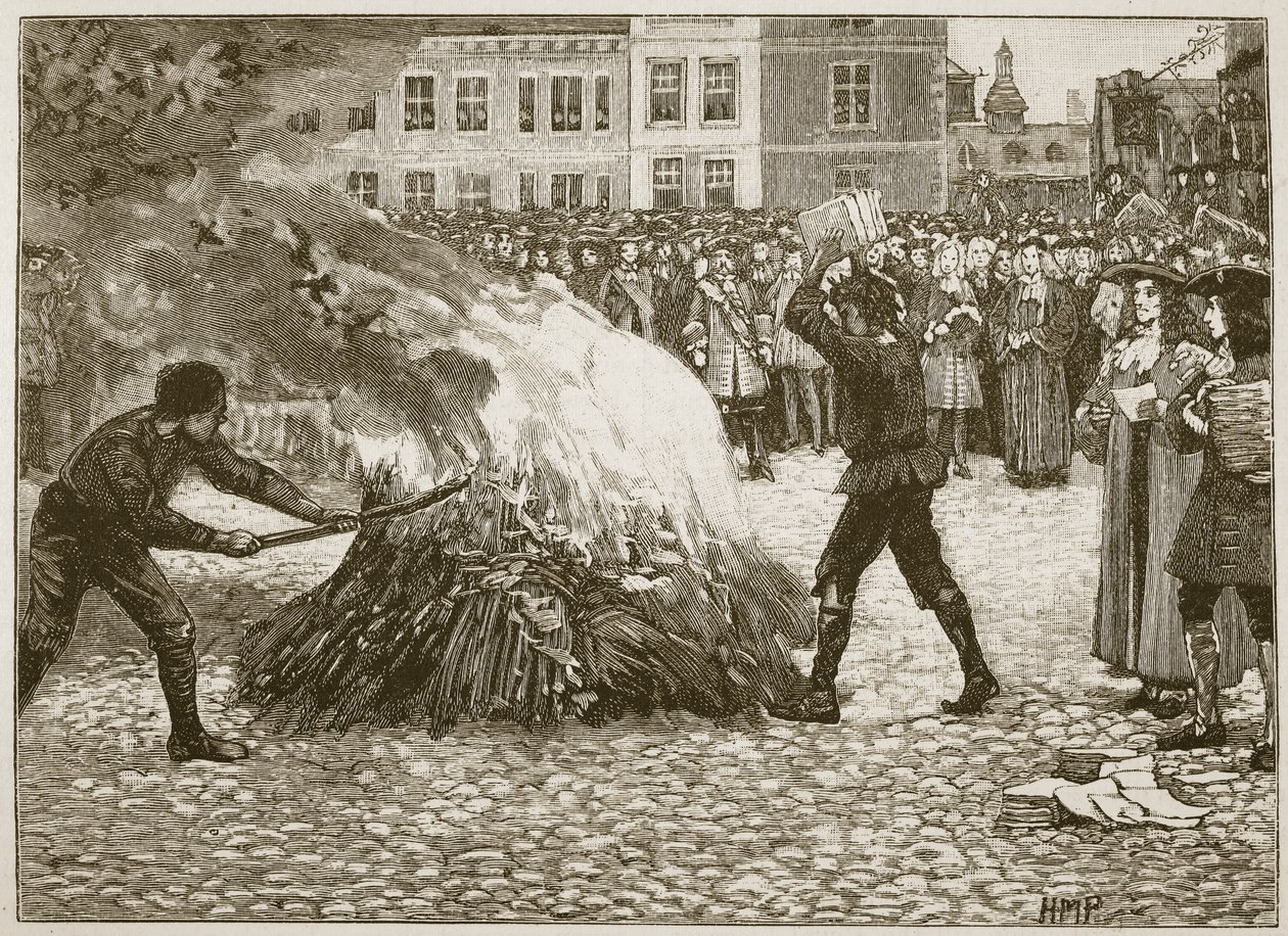 Broschyr Burning of Blounts av The Common Hangman, illustration från Cassells Illustrated History of England (sepiafoto) av English School