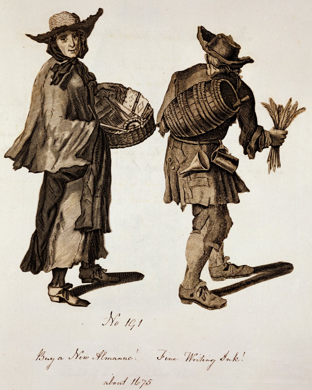 Köp en ny almanacka! Fint skrivbläck!, illustration av gatuförsäljare omkring 1675 av English School