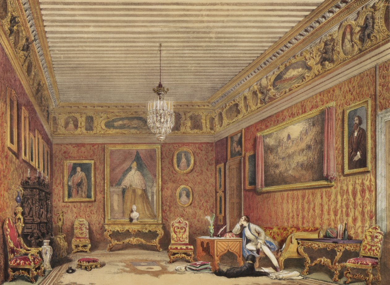 Byrons Room i Palazzo Mocenigo, Venedig (wc på papper) av English School