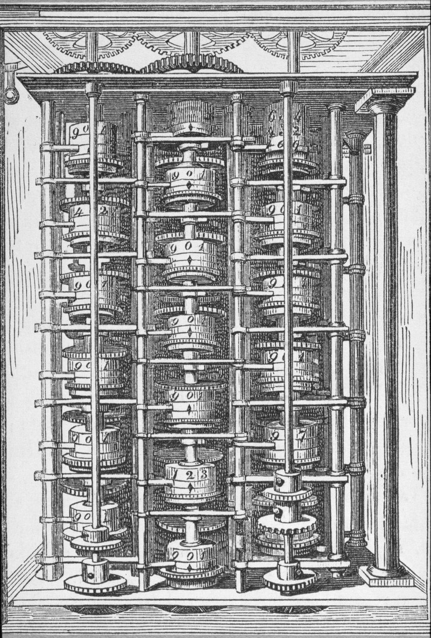 Beräkningsmaskin känd som The Difference Engine från Cyclopaedia of Useful Arts & Manufactures, redigerad av Charles Tomlinson, ca 1880-talet av English School