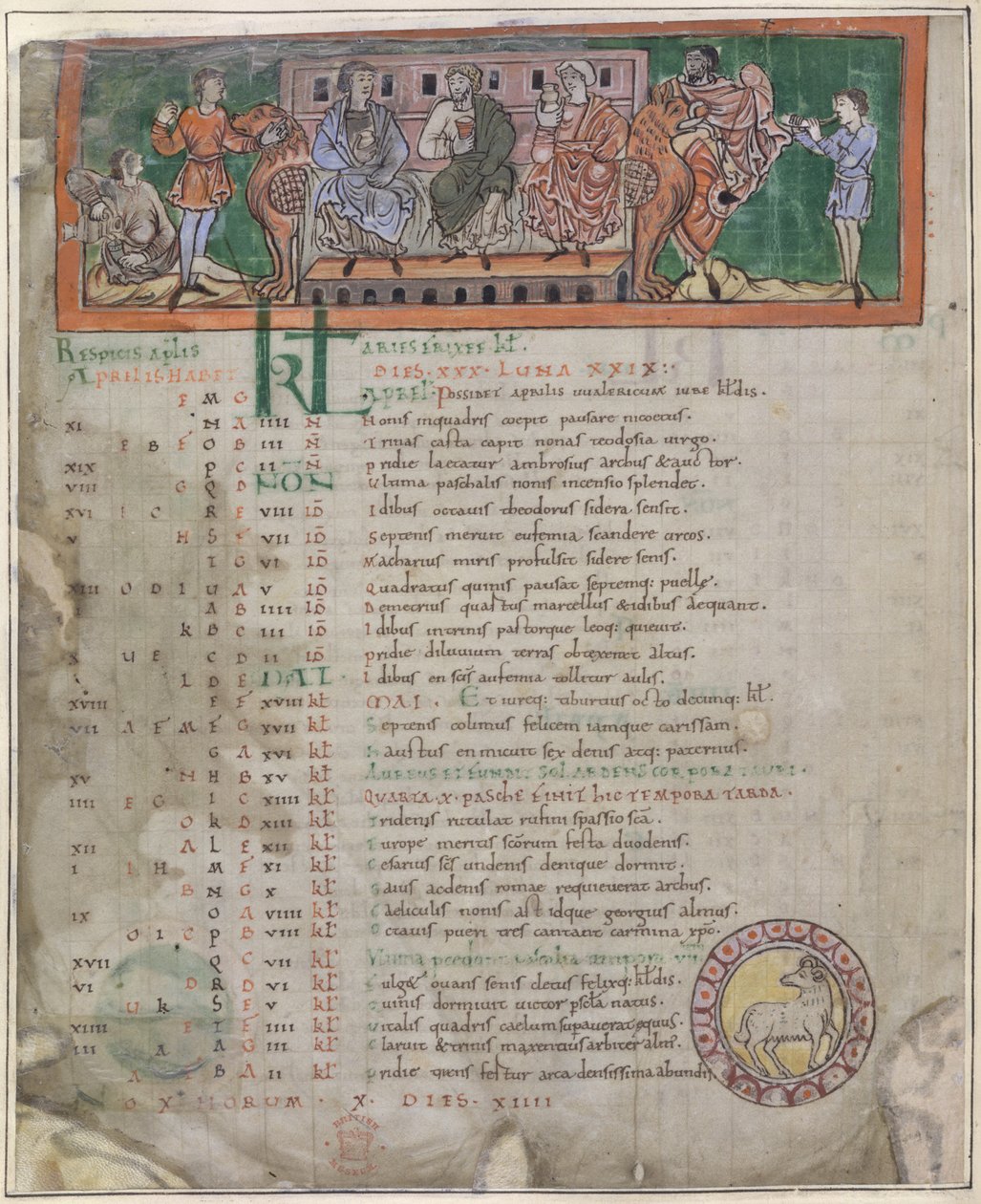 Kalendersida för april: Fest, illustration från en 