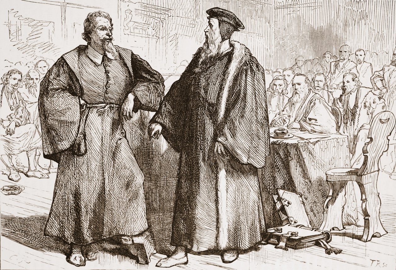 Calvin och Servetus inför rådet i Genève, illustration från The History of Protestantism av James Aitken Wylie (1808-1890), pub. 1878 av English School