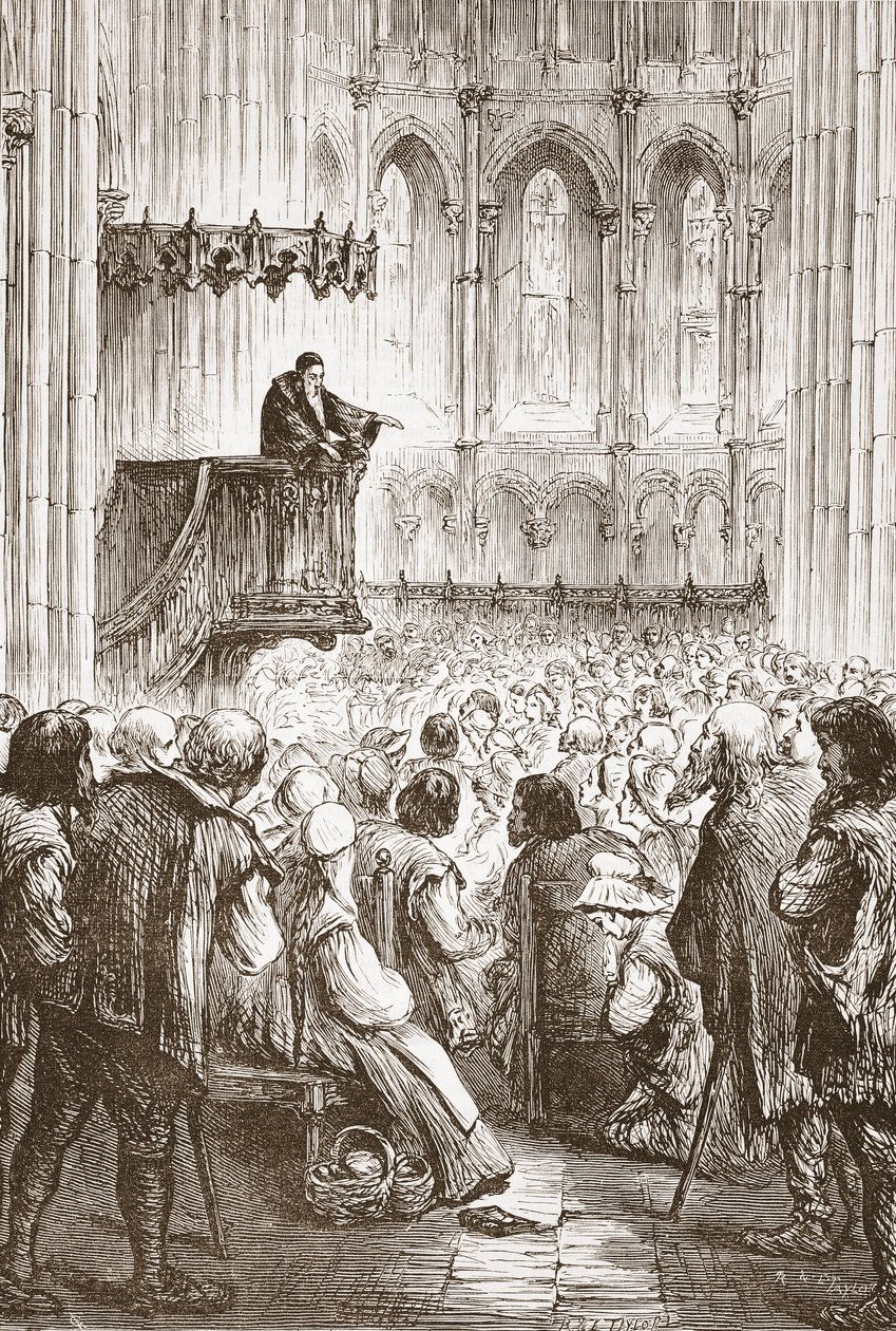 Calvin predikar sin avskedspredikan i väntan på förvisning, illustration från The History of Protestantism av James Aitken Wylie (1808-1890), pub. 1878 av English School