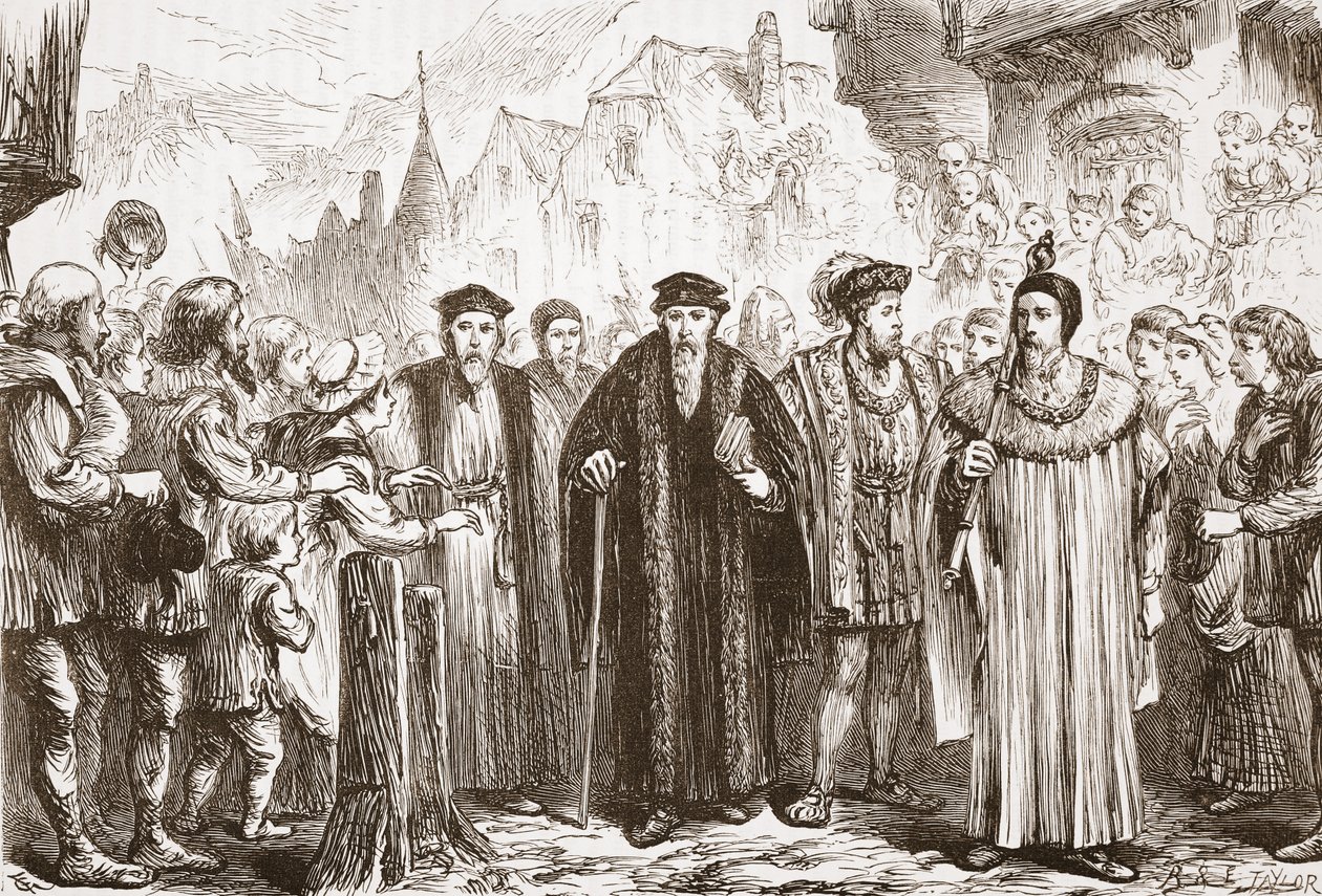 Calvin går åter in i Genève, illustration från The History of Protestantism av James Aitken Wylie (1808-1890), pub. 1878 av English School