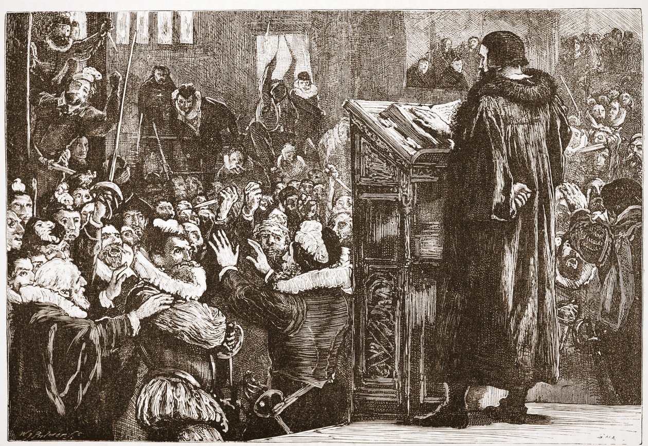 Calvin hotad i kyrkan i Rive, illustration från The History of Protestantism av James Aitken Wylie (1808-1890), pub. 1878 av English School