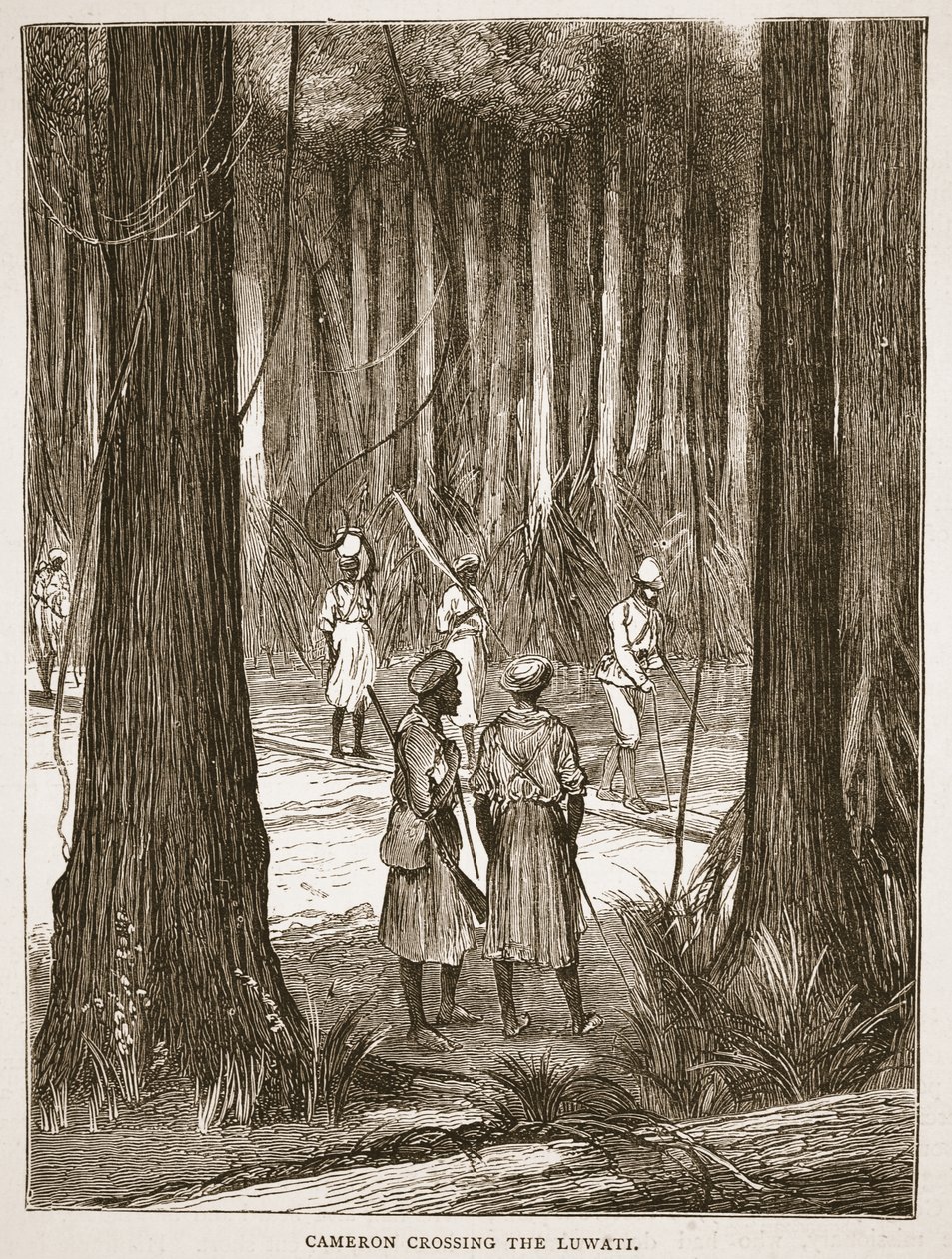 Cameron korsar Luwati, illustration från The Pictorial Edition av David Livingstones liv och upptäckter av J. Ewing Richie, pub. av A. Fullarton & Co., 1876 av English School