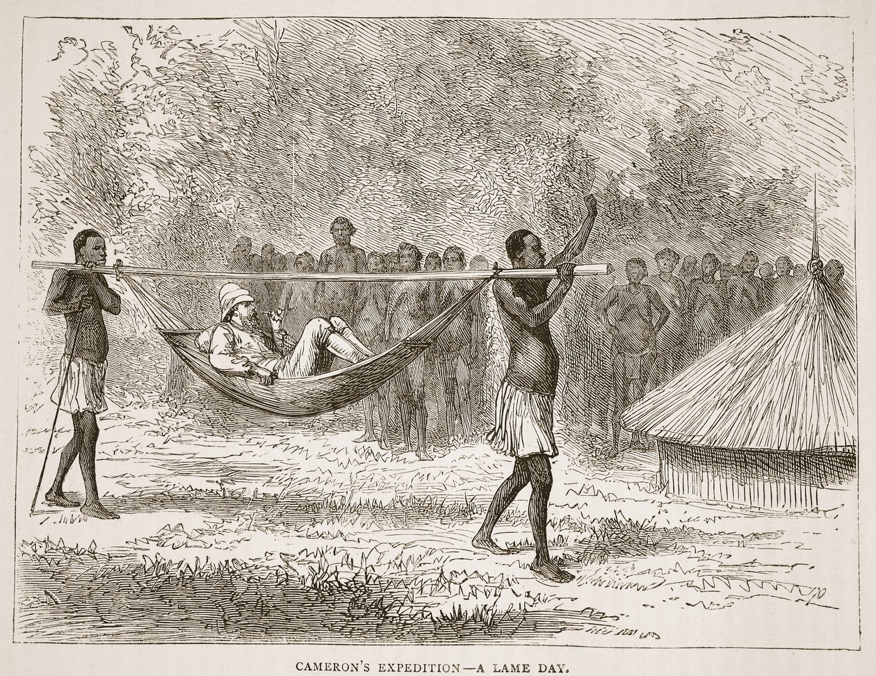Camerons expedition - en halt dag, illustration från The Pictorial Edition of the Life and Discoveries of David Livingstone av J. Ewing Richie, pub. av A. Fullarton & Co., 1876 av English School