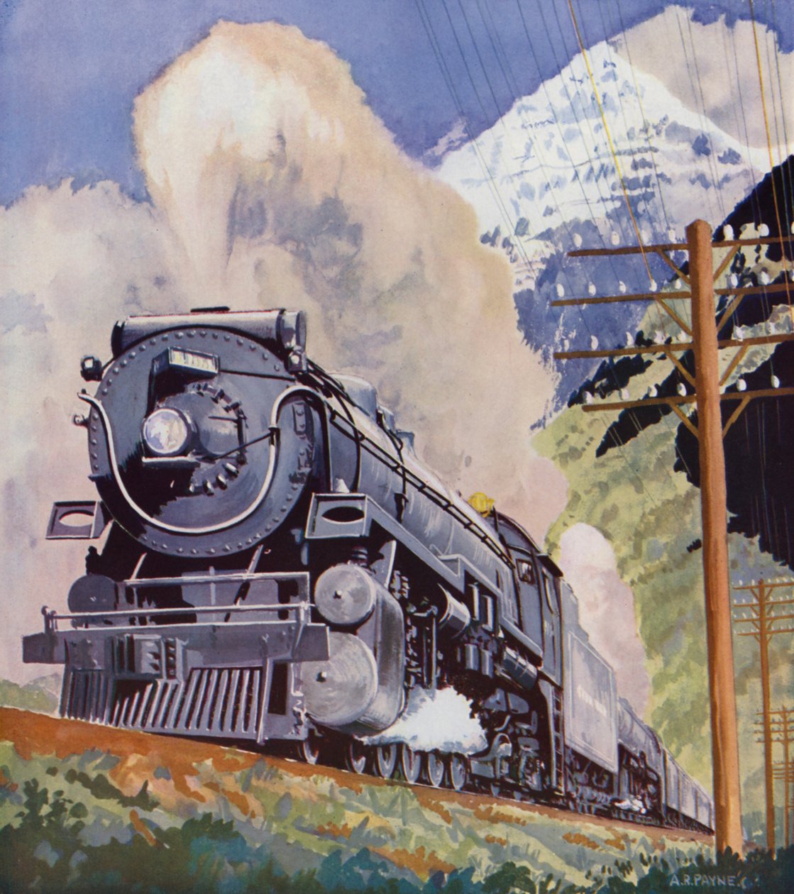 Canadian Pacific Railways "Dominion" i Klippiga bergen (färglitografi) av English School
