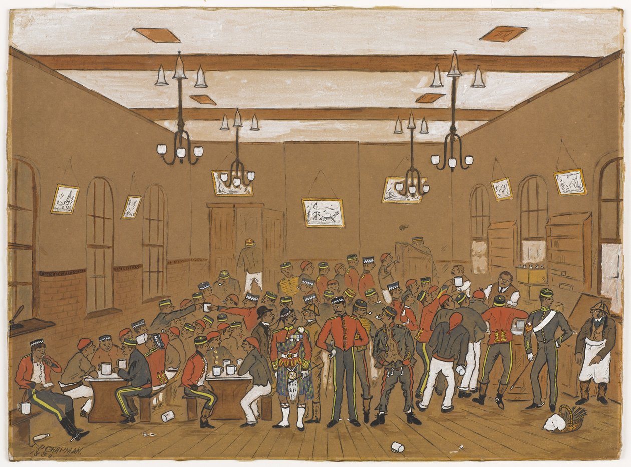 Matsal med män från 7th Dragon Guards, 3rd Hussars, Scots Greys och 10th Hussars, 1886 (wc på papper) av English School