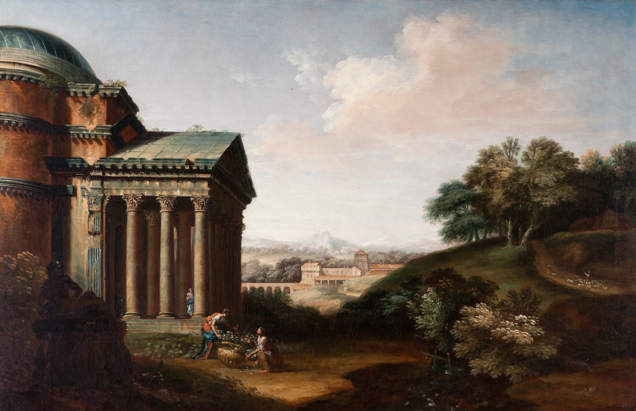 Capriccio-vy av Pantheon, figurer och en akvedukt, c.1760 av English School