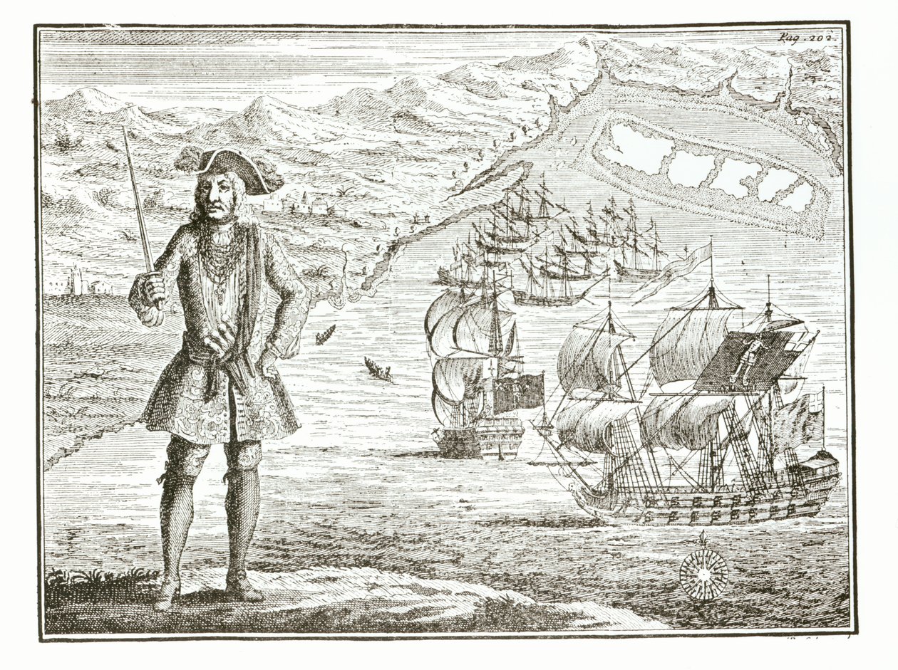 Kapten Bartholomew Roberts (1682-1722) med två fartyg, Royal Fortune and Ranger seglar i Whydah Road på Guineys kust, 11 januari 172?, från A General History of the Robberies och Mu av English School