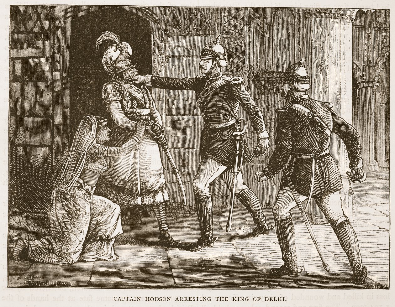 Kapten Hodson arresterar kungen av Delhi, illustration från Cassells Illustrated History of England av English School
