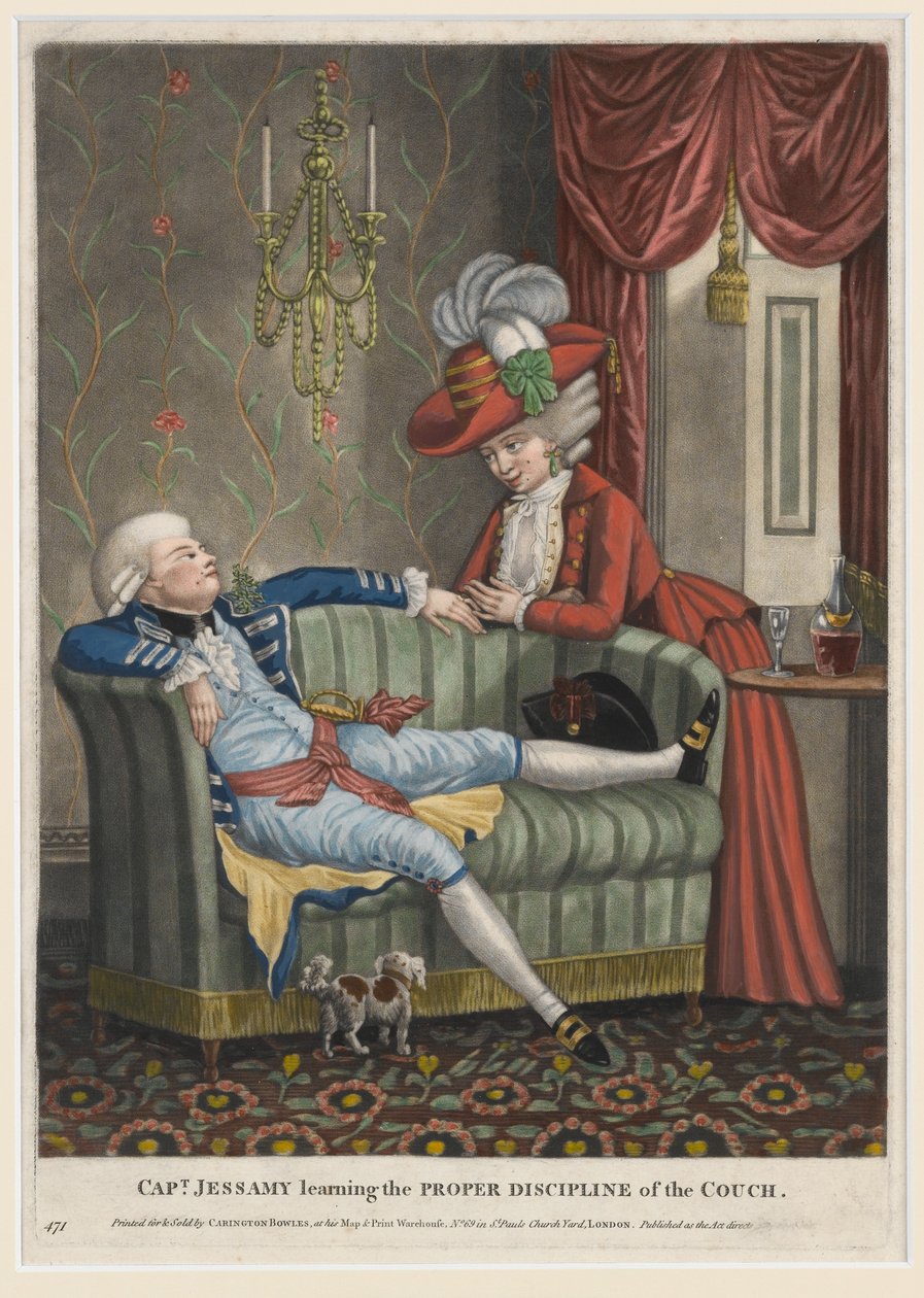 Kapten Jessamy lär sig soffans rätta disciplin, ca 1782 (handfärgad mezzotint) av English School