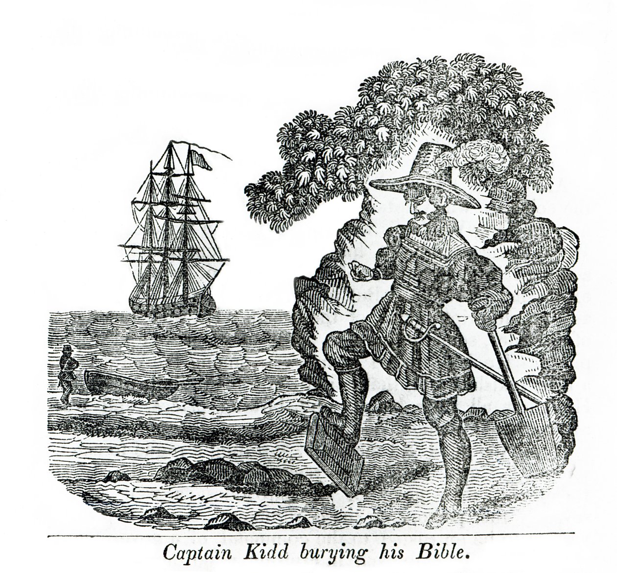 Kapten Kidd begraver sin bibel, illustration från "Pirates own Book" av Charles Elms av English School