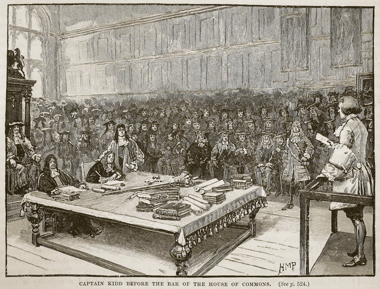 Kapten Kidd framför baren i House of Commons, illustration från Cassells Illustrated History of England (sepiafoto) av English School