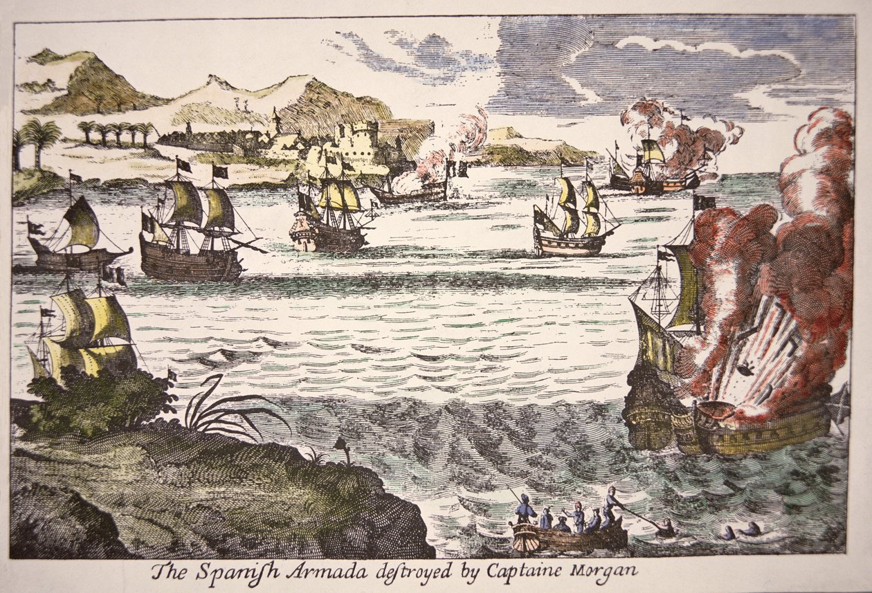Kapten Morgan besegrar spanska krigsfartyg som blockerar sjön Maracaibos mynning 1669 (färgad gravyr) av English School