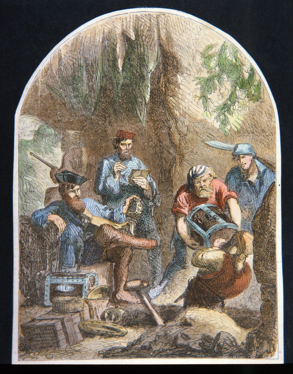 Kapten William Kidd döljer skatt i en grotta (lito i färg) av English School