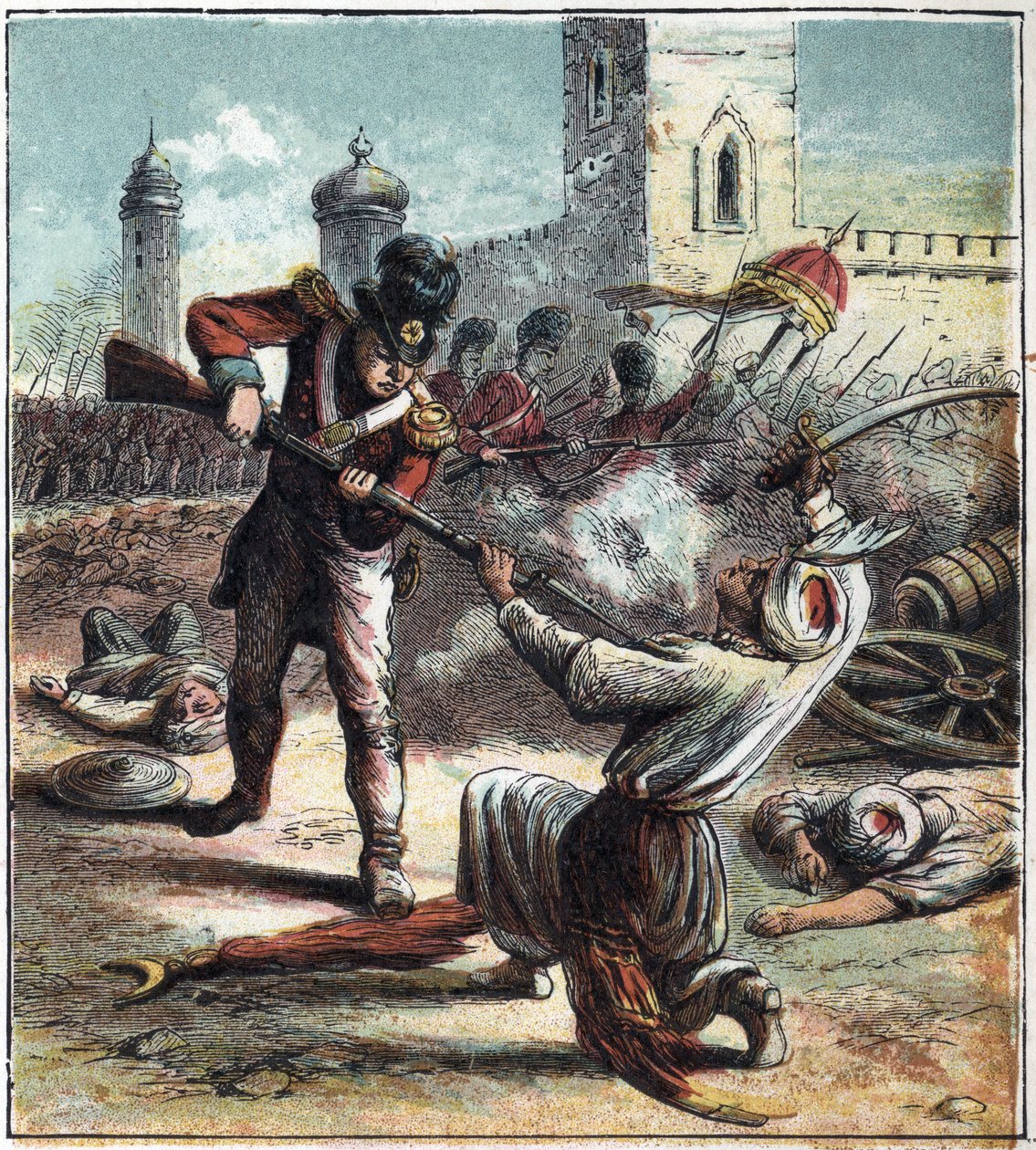 Tillfångatagandet av staden Seringapatam (eller Srirangapatna), huvudstaden Mysore (Maissour) i Indien av den brittiska armén under befäl av hertigen Arthur Wellesley av Wellington (1769-1852) 1799. Denna händelse markerade slutet på Anglo-Mysore-kriget oc av English School