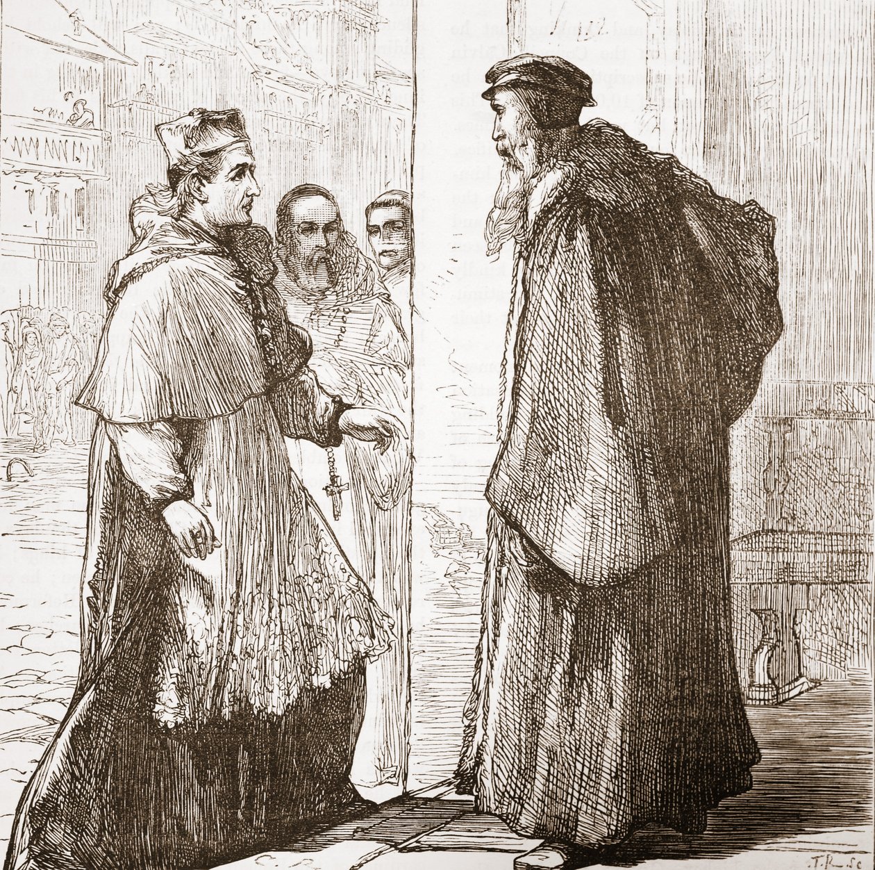 Kardinal Sadoleto besöker Calvin, illustration från The History of Protestantism av James Aitken Wylie (1808-1890), pub. 1878 av English School