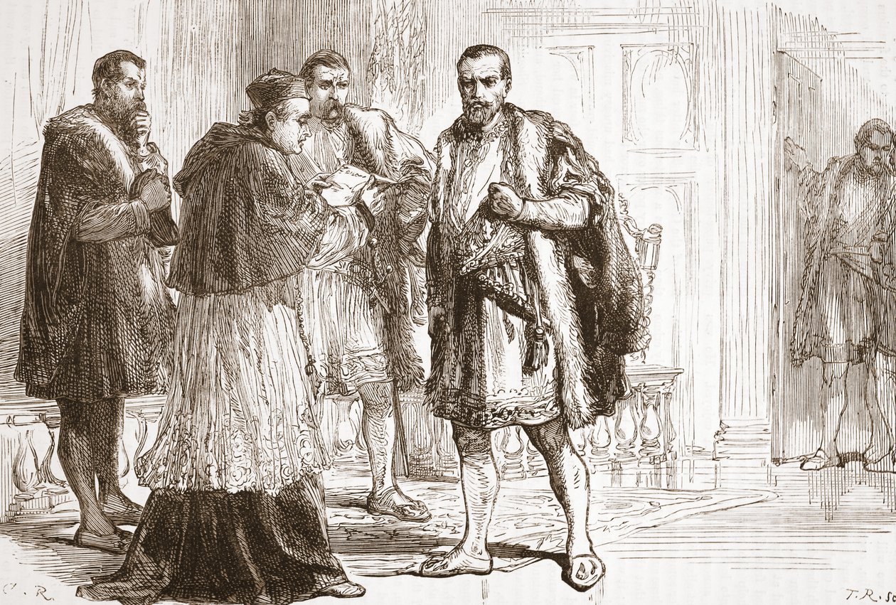 Kardinal de Tournon läser det protestantiska plakatet till Francis I, illustration från The History of Protestantism av James Aitken Wylie (1808-1890), pub. 1878 av English School