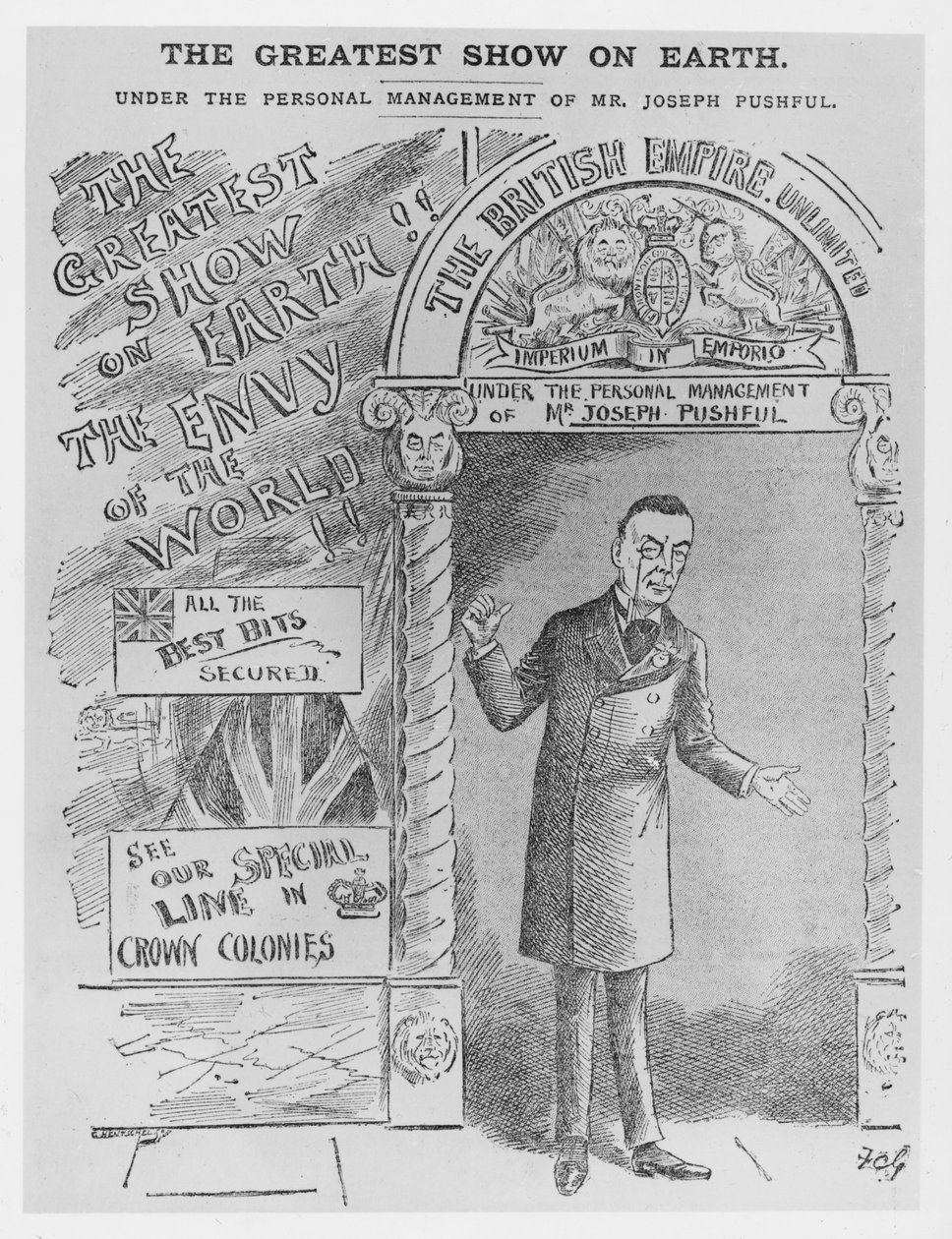 Karikatyr av Joseph Chamberlain som kolonialsekreterare, ca 1900 av English School
