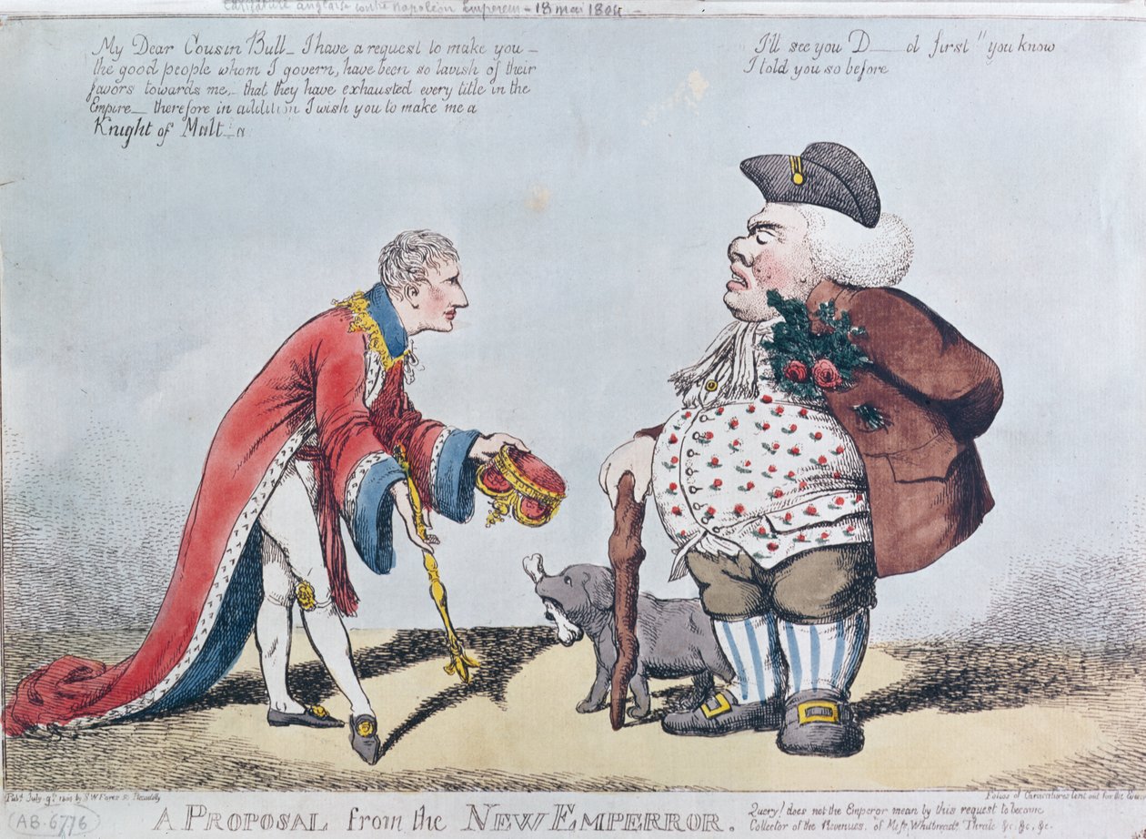 Karikatyr som förlöjligar Napoleon vid tidpunkten för proklamationen av Napoleon som kejsare den 18 maj 1804, 9 juli 1804 av English School