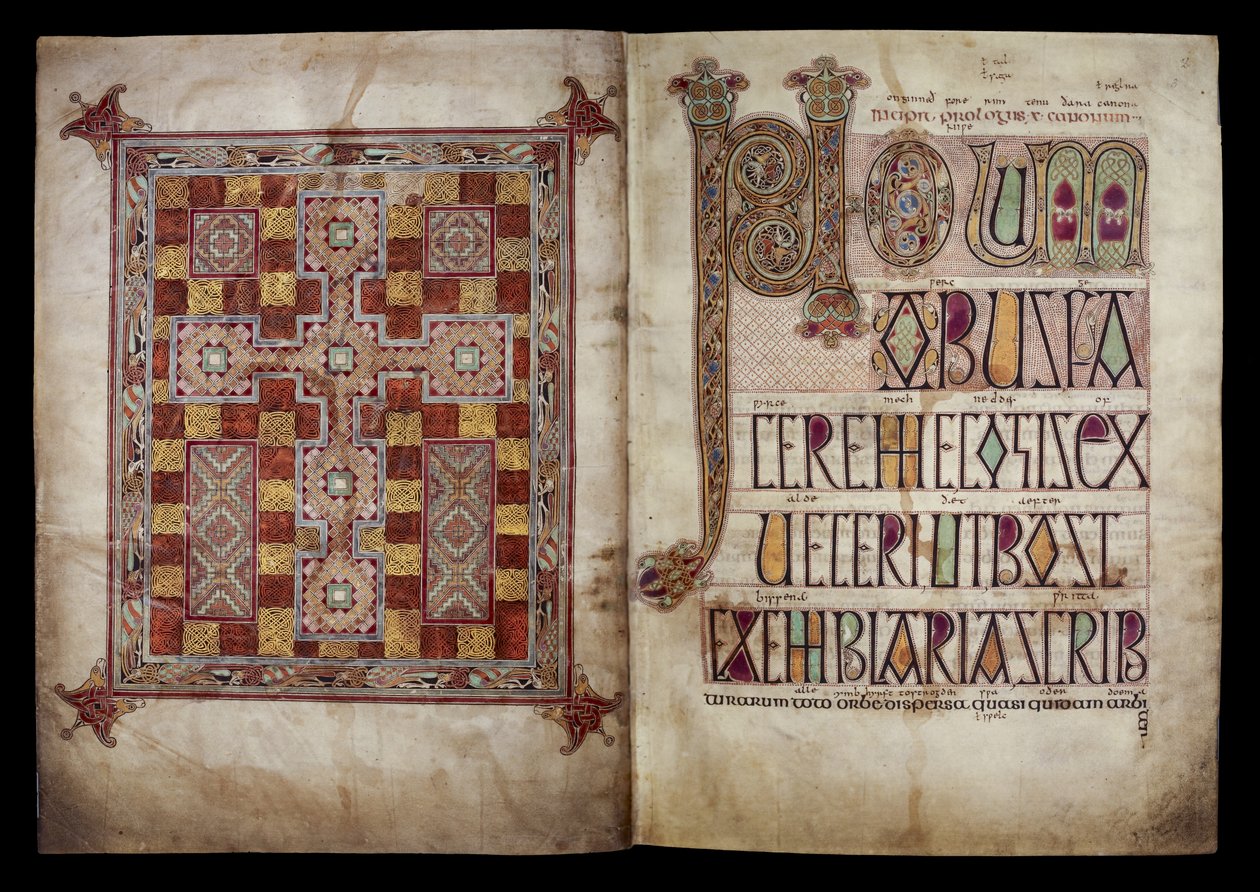 Mattblad och incipitblad som inleder S:t Hieronymus brev till påven Damasus, Cotton Nero D. IV, f.2v och f.3r från Lindisfarne-evangelierna, 710-721 (pergament) av English School