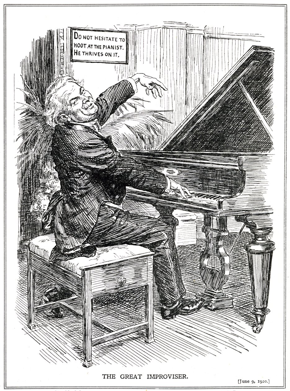 Tecknad film om LLoyd George som den store improvisatören eller ledare för Improvisa-Tories, juni 1920 av English School