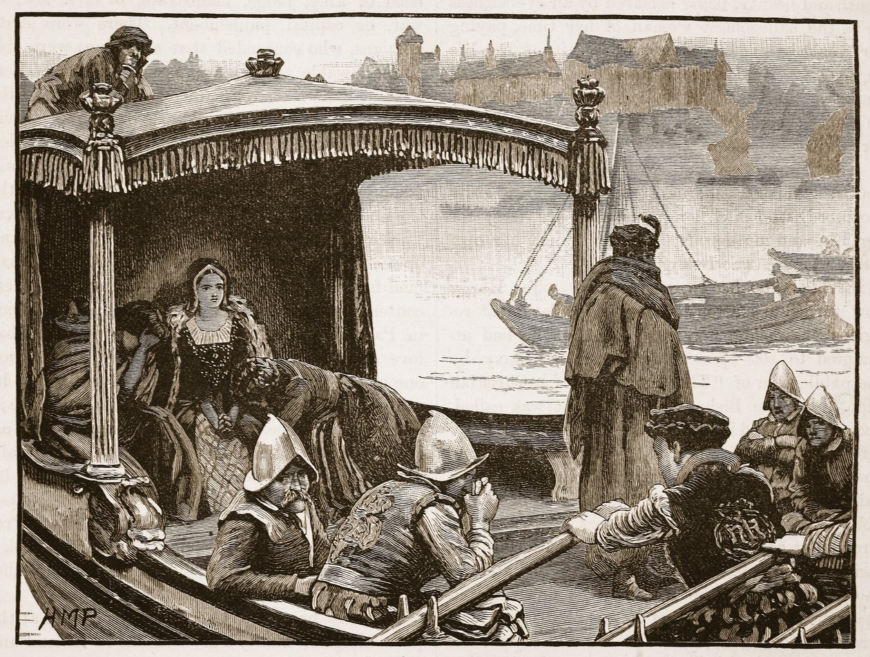 Catherine Howard förmedlas till tornet, illustration från Cassells Illustrated History of England (sepiafoto) av English School