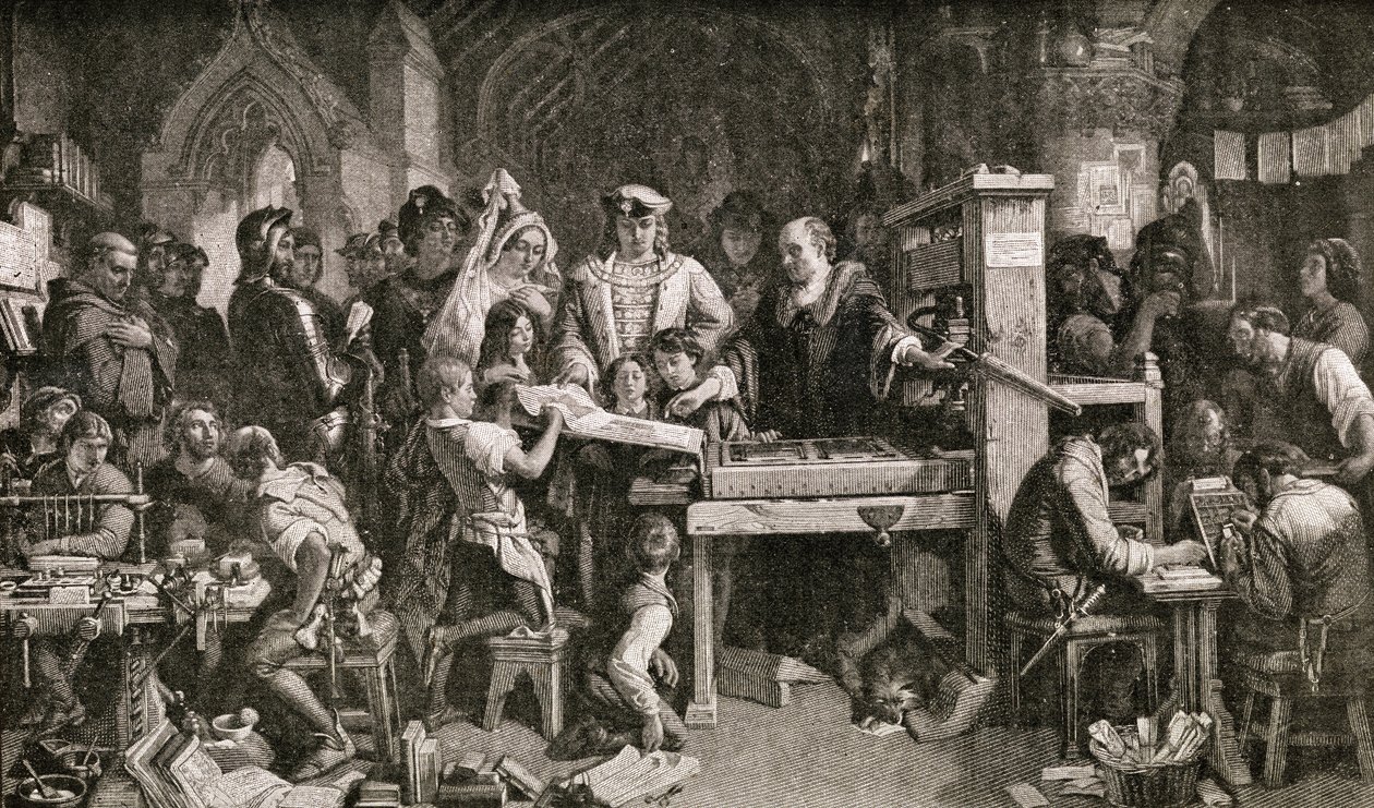 Caxton (ca 1422-91) visar exemplar av hans tryckning för kung Edward IV vid Almonry i Westminster, 1858 av English School