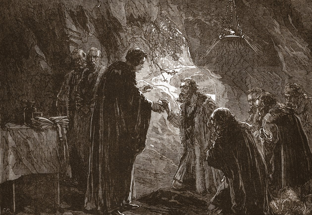 Firande av nattvarden av Calvin och hans andra protestanter i grottan vid Poictiers, illustration från The History of Protestantism av James Aitken Wylie (1808-1890), pub. 1878 av English School
