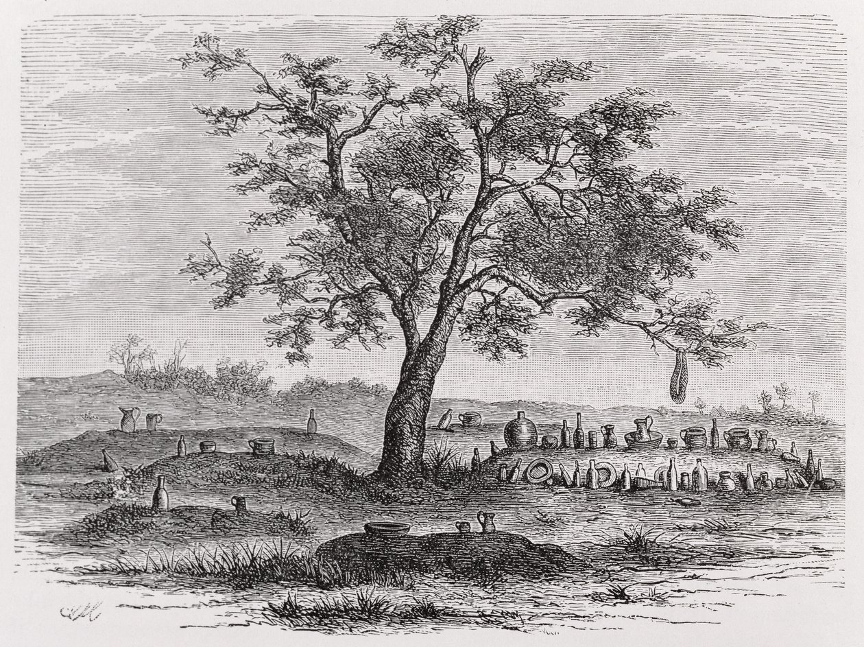 Kyrkogård och heligt träd i Mbinda, från "The History of Mankind", Vol.1, av professor Friedrich Ratzel, 1896. av English School