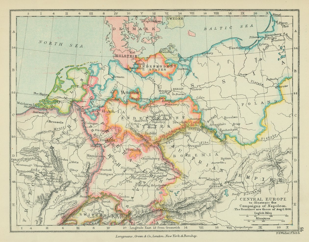 Centraleuropa för att illustrera Napoleons fälttåg (färglitografi) av English School